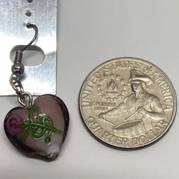 New Fashion Brand Earrings Murano Style Clear Purple Glass Dangle Heart Bead NWT - Picture 5 of 9
